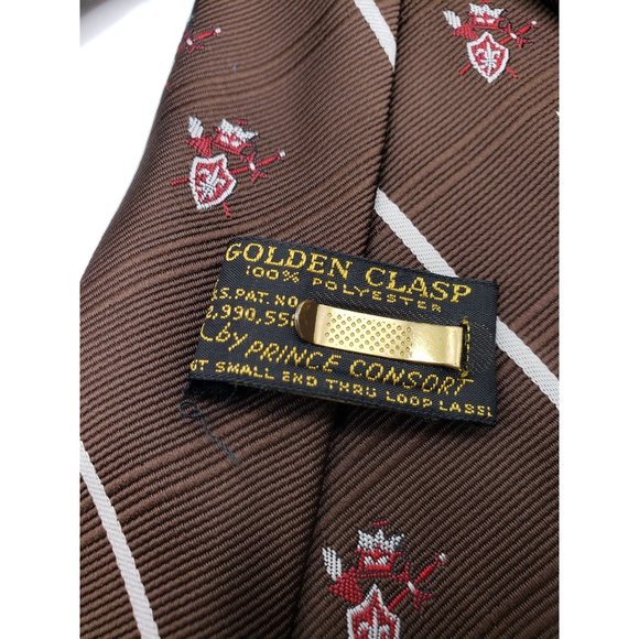 Vintage Brown W/ armour in Stripe Golden Clasp by Prince Consort 60's Poly Tie - Picture 2 of 8